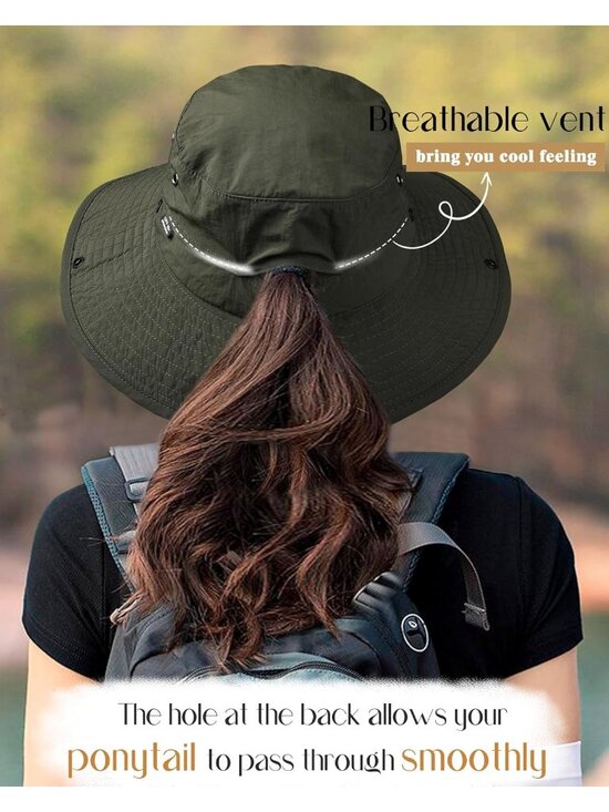 〽️Women Army Green Ponytail UPF 80+ Wide Brim Packable Cowboy Hat Beach Sun Hat